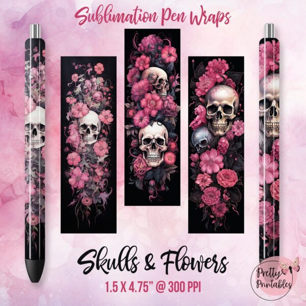 Pink Floral Skull Pen Wrap Bundle