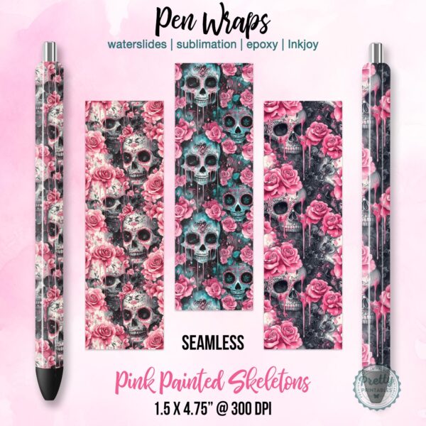 Pink Sugar Skull and Roses Pen Wraps