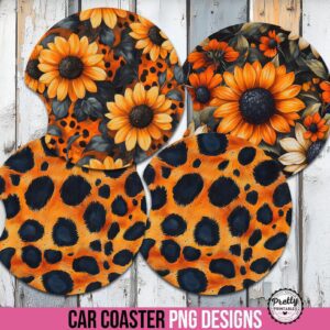 Sunflower & Leopard Print Car Coaster Sublimation Set