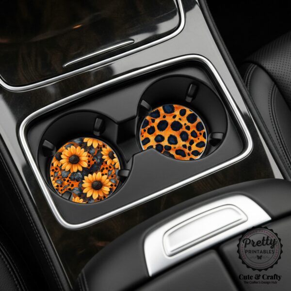 Sunflower & Leopard Print Car Coaster Sublimation Set