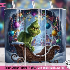 Grinchy Sleigh Ride Tumbler Wrap PNG: 20 oz Christmas Sublimation Design