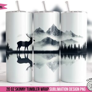 Deer Reflection Silhouette Tumbler Wrap PNG