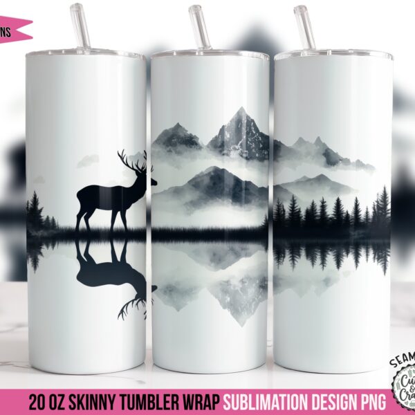Deer Reflection Silhouette Tumbler Wrap PNG