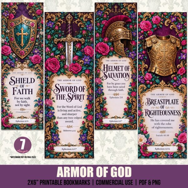 Armor of God Printable Bookmarks: Set of 7 Christian Bookmarks for Women