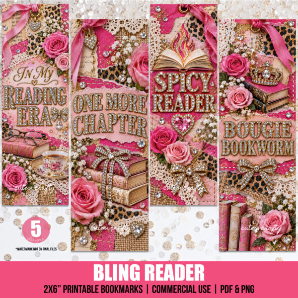 Bling Reader Printable Bookmarks: Set of 5 Pink Bookmarks