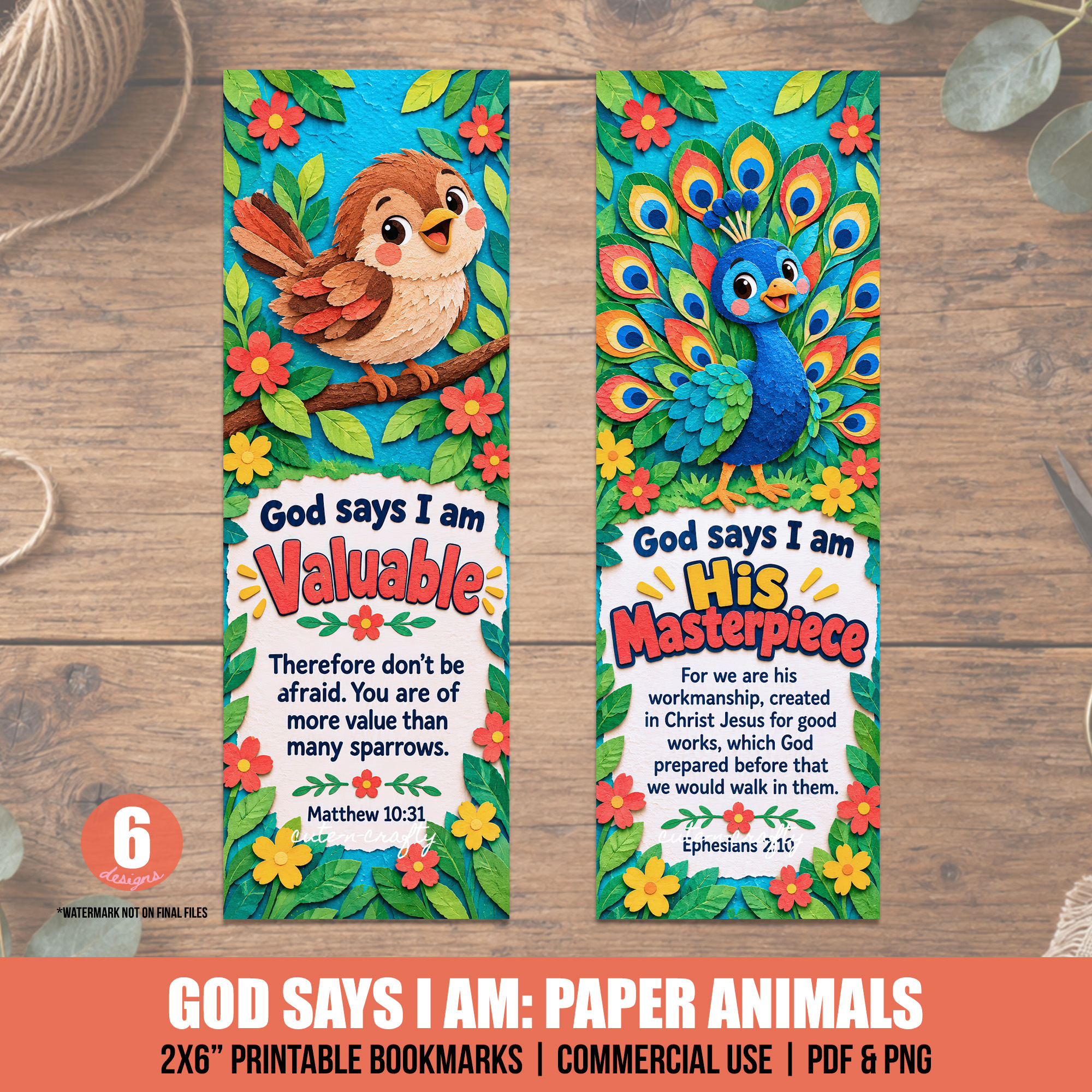 God Says I Am Paper Animals Printable Bookmarks: Set of 6 Christian Kids Bookmarks - Image 2