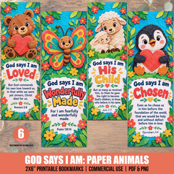 God Says I Am Paper Animals Printable Bookmarks: Set of 6 Christian Kids Bookmarks
