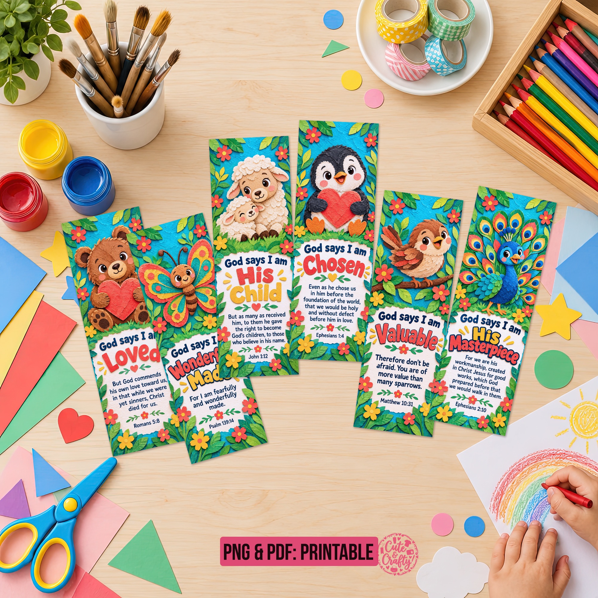 God Says I Am Paper Animals Printable Bookmarks: Set of 6 Christian Kids Bookmarks - Image 3