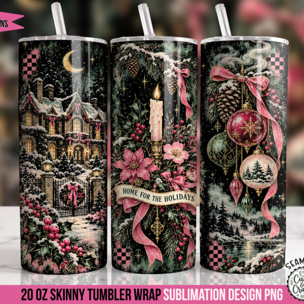 Pink Christmas Home for the Holidays Tumbler Wrap