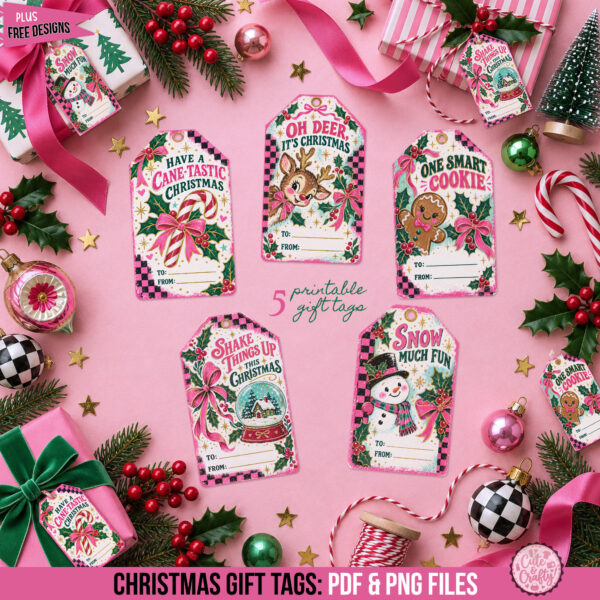 Vintage Pink Christmas Gift Tags: 5 Printable Tags
