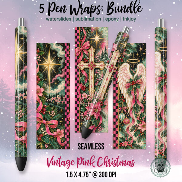 Vintage Pink Christmas Christian Pen Wraps PNG: 5 Design Bundle