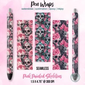 Pink Sugar Skull and Roses Pen Wraps